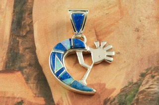 Genuine Blue Lapis inlaid in Sterling Silver. Beautiful Kokopelli Pendant with Fire and Ice Lab Opal Accents. Free 18